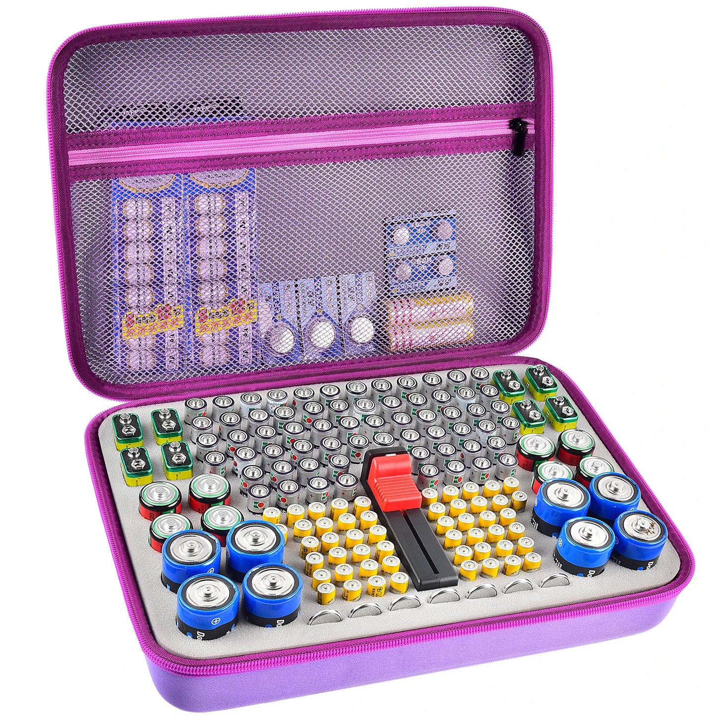 Estuche organizador de baterías, contenedor para guardar baterías con comprobador. Caja organizadora para garaje.