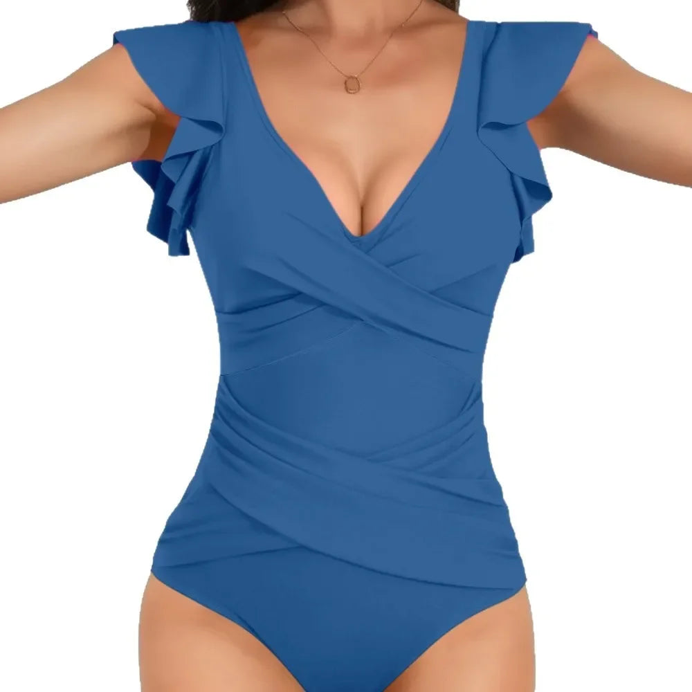 Traje de baño de una pieza para mujer con diseño cruzado y ribetes de hojas que cubren el vientre. Nuevo modelo de gran oferta de la temporada, procedente de China continental.