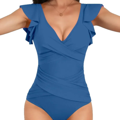 Traje de baño de una pieza para mujer con diseño cruzado y ribetes de hojas que cubren el vientre. Nuevo modelo de gran oferta de la temporada, procedente de China continental.