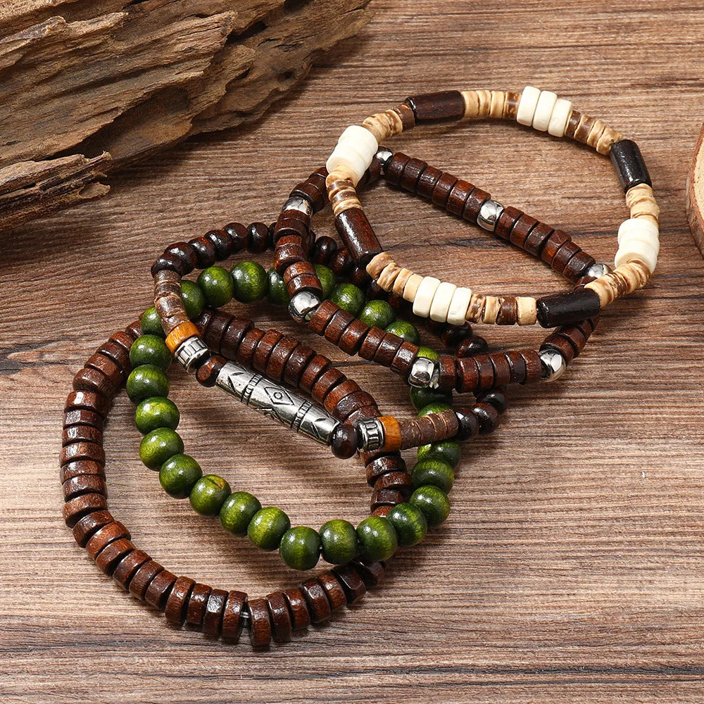 Pulsera para hombre, nueva pulsera retro multicapa de concha de coco con cordón elástico de varias piezas y cuentas de madera.