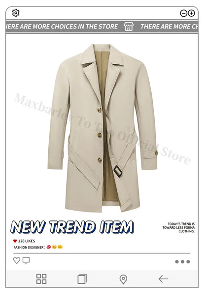 Abrigo largo Maxbarley para hombre, estilo gabardina, marca coreana, color liso, con cinturón, colección otoño 2025. Nuevo diseño de chaqueta cortavientos de un solo botón.