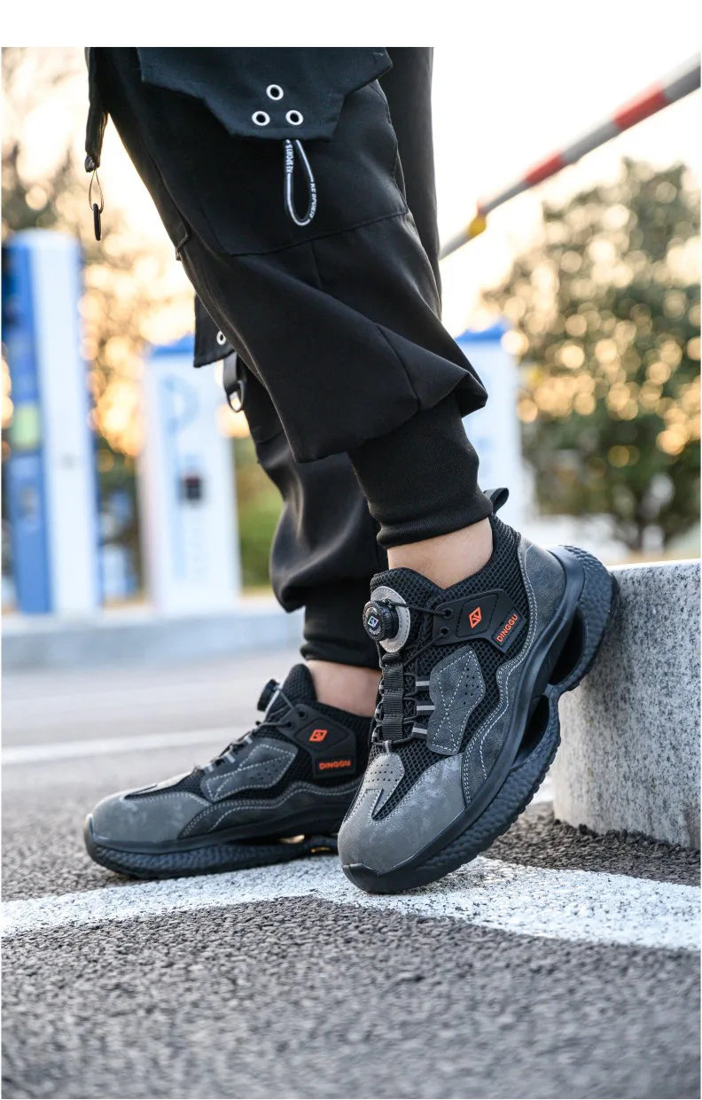 Zapatos de seguridad de trabajo con botón giratorio para hombres y mujeres, zapatos con puntera de acero, botas de seguridad indestructibles, zapatillas de trabajo protectoras ligeras.