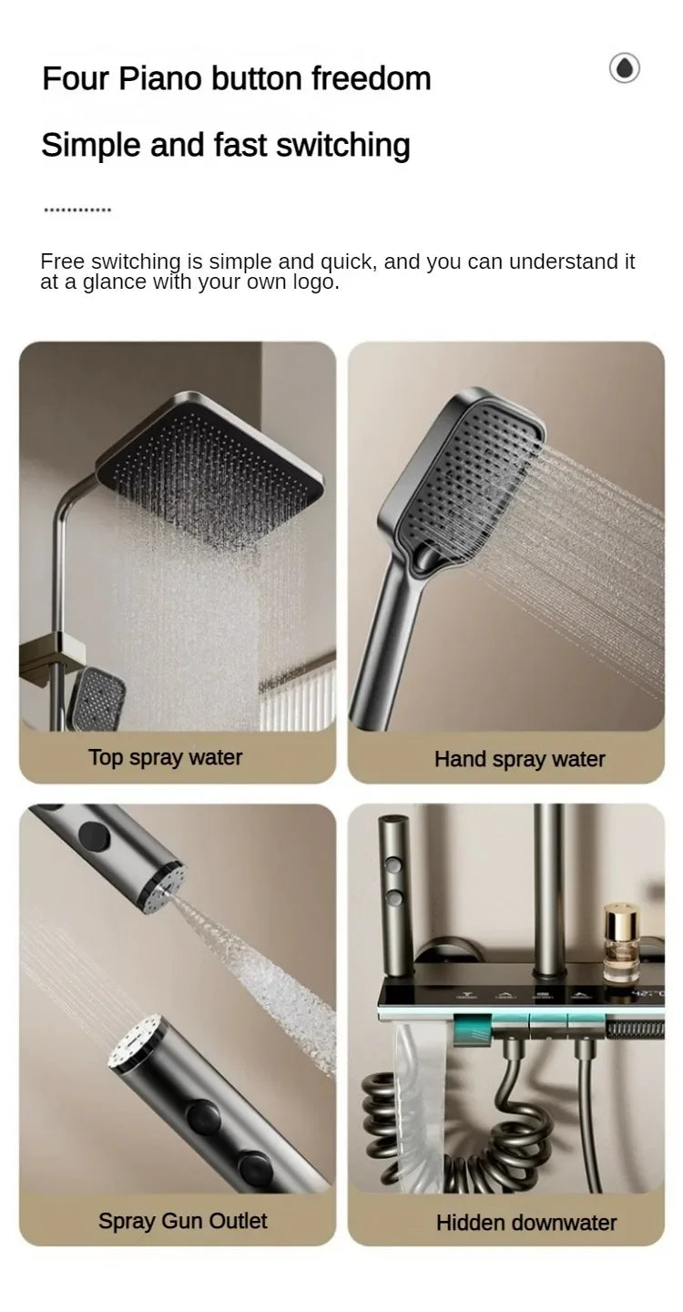 Juego de ducha gris con sistema de ducha inteligente de cuatro funciones con pantalla digital, ducha tipo lluvia a presión, grifería de pared con teclas de piano
