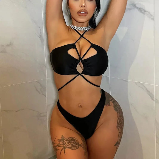Bikini 2025 Sexy Swimwear Swimsuit Women Black Hollow Cross Straps Bikinis Set Bathing Suit Beach Bikini Female Banadores Mujer