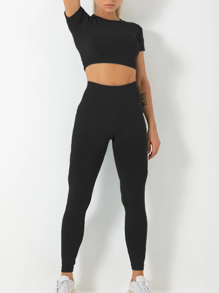 Conjunto de yoga de verano para mujer, cuello redondo, cintura alta, levantamiento de cadera, ajustado, moldeador, conjunto deportivo de dos piezas para fitness