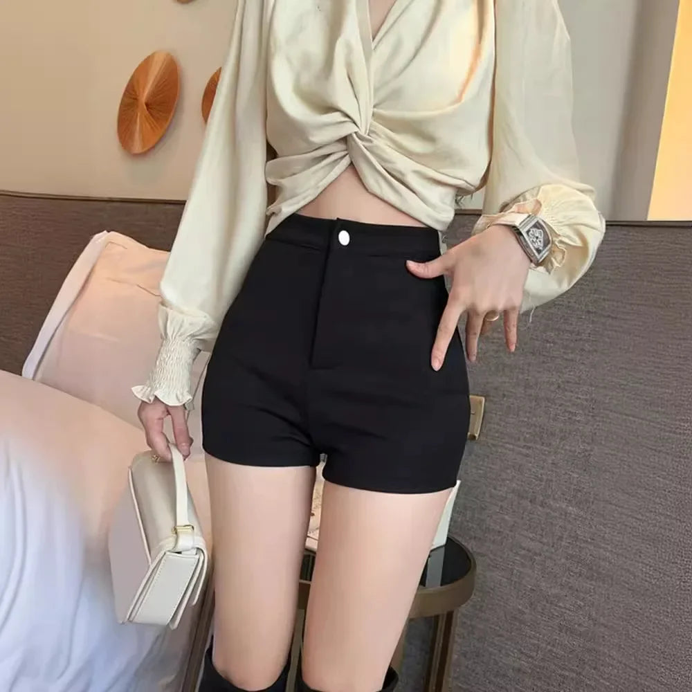 Pantalones cortos negros de cintura alta para mujer, ropa exterior de primavera y verano, nuevo estilo, ajustados, elásticos, que cubren la cadera, sexys, informales y de moda.