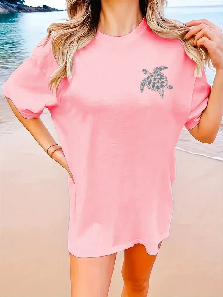 Camiseta con estampado de letras de tortuga, manga corta, cuello redondo, informal, de algodón puro, para mujer, 2024