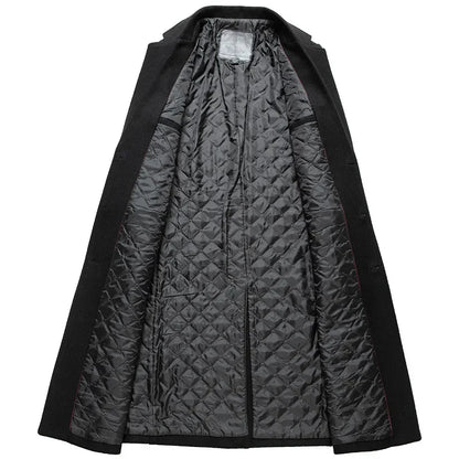 Black Men Wool Long Trench Coat Stylish Single Breasted Quilted Lined Wool Blend Pea Coats Men Winter Cashmere Coat Windbreaker