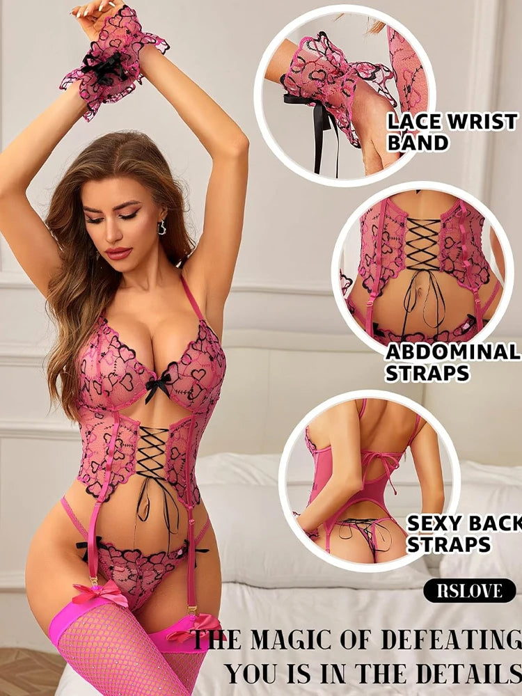 Conjunto de lencería erótica Hot Heart Corset para mujer, de malla transparente con vendajes cruzados y diseño calado, incluye muñequera.