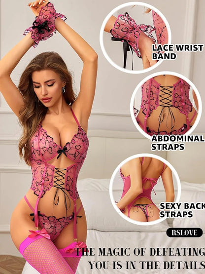 Conjunto de lencería erótica Hot Heart Corset para mujer, de malla transparente con vendajes cruzados y diseño calado, incluye muñequera.
