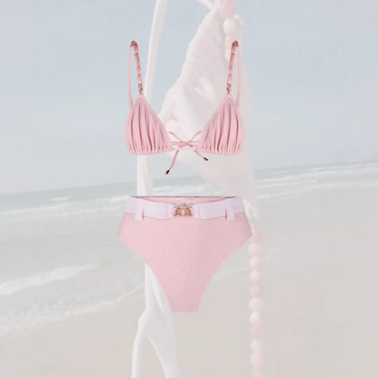 Bikini de cuentas rosas 2025, bañador sexy para mujer, bañador push up, bikini bandeau para mujer, traje de baño de verano, ropa de playa