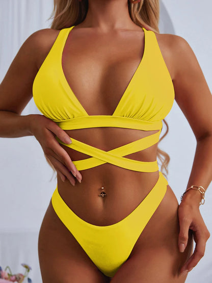 Bikini sexy 2025, traje de baño liso para mujer, traje de baño para mujer, conjunto de bikini push up con vendaje cruzado, traje de baño para playa, traje de baño