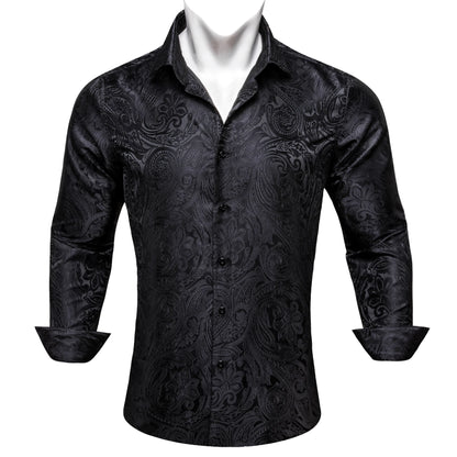 Camisas de seda de diseño para hombre en azul, dorado, verde, rojo, blanco y negro. Estampado cachemir bordado. Corte ajustado. Blusas casuales de manga larga.