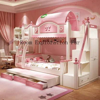 Cama infantil de madera para madres y niñas, edredones para bebés, cunas familiares, loft bajo, rosa, corrales para recién nacidos, litera para niños
