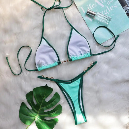 Bikini sexy con cuello halter y perlas para mujer, traje de baño femenino de dos piezas con ribete acanalado
