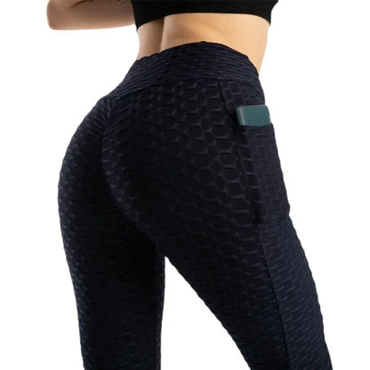 Leggings de cintura alta con efecto push-up de Amazon Europa, material de nylon, estampado jacquard, pantalones deportivos con bolsillo para mujer.