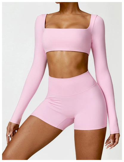 Conjunto de chándal de yoga para mujer, 2 piezas, ropa deportiva para entrenamiento, ropa deportiva, leggings de gimnasio, sujetador de fitness, top corto, trajes deportivos de manga larga