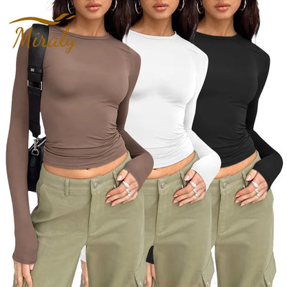 Camiseta rosa Y2K de primavera y otoño 2025 para mujer, tops casuales de manga larga, tops de cuello redondo, camisetas básicas, camisetas ajustadas.
