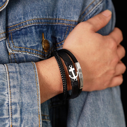 Pulsera de cuero para hombre. Pulsera de cuero trenzado multicapa versátil con forma de ancla retro, adecuada para regalos de hombre.