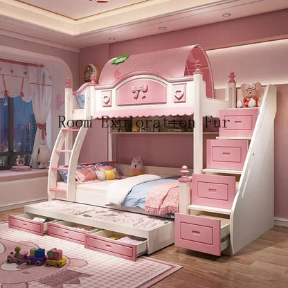 Cama infantil de madera para madres y niñas, edredones para bebés, cunas familiares, loft bajo, rosa, corrales para recién nacidos, litera para niños