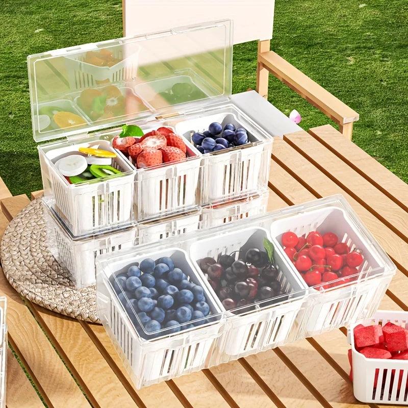Cajas de almacenamiento para refrigerador de 3 rejillas, organizador para ajo, cebolla y pimiento, escurridor de frutas y verduras, recipientes sellados para cocina.