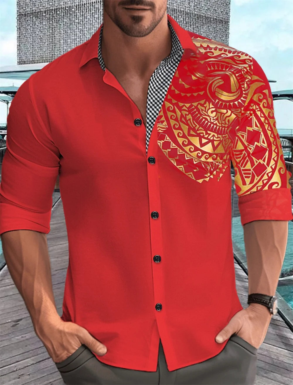 Camisa de hombre con estampado dorado, blanca, negra, roja, manga larga, cuello con botones, estilo casual y moderno, tallas grandes.