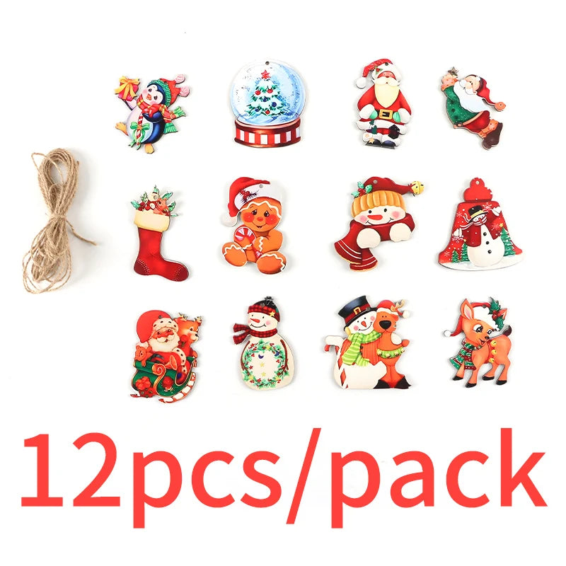 (12 piezas/paquete) Colgante de decoración navideña de madera pintado para colgar en la fiesta de Año Nuevo, árbol de Navidad, decoración del hogar, foto