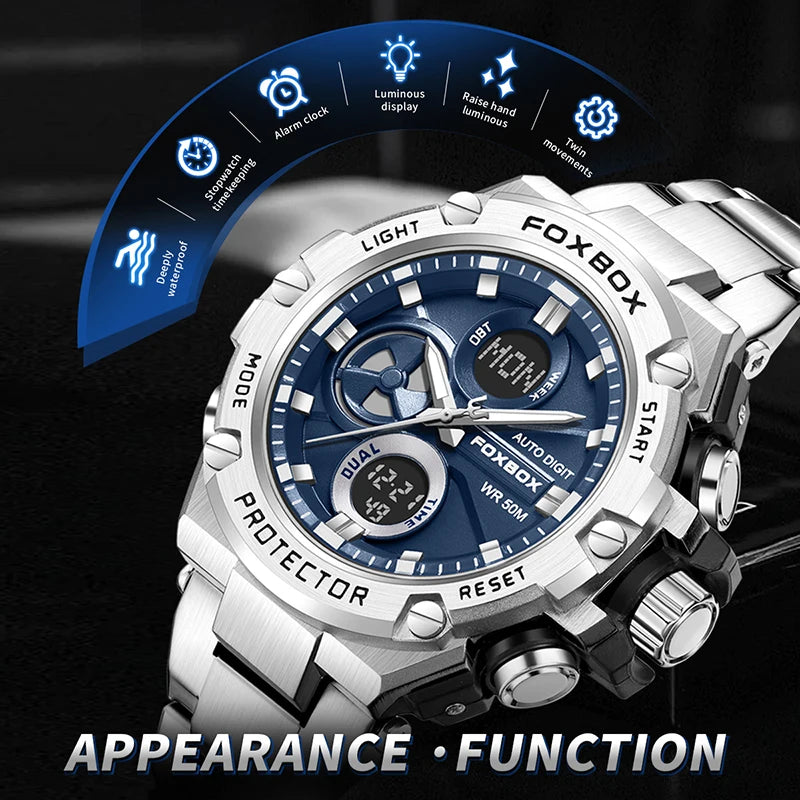 FOXBOX Relojes deportivos de lujo para hombre, reloj de pulsera de cuarzo de lujo, acero, resistente al agua, doble pantalla, relojes militares para hombre, reloj hommes