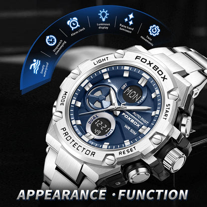 FOXBOX Relojes deportivos de lujo para hombre, reloj de pulsera de cuarzo de lujo, acero, resistente al agua, doble pantalla, relojes militares para hombre, reloj hommes