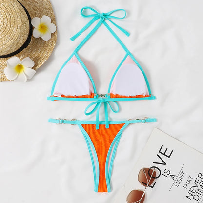 Traje de baño para mujer 2025, traje de baño de dos piezas con cuello halter, conjunto de bikini para mujer, ropa de playa de verano, traje de baño con cordón ajustable, tanga, copa triangular
