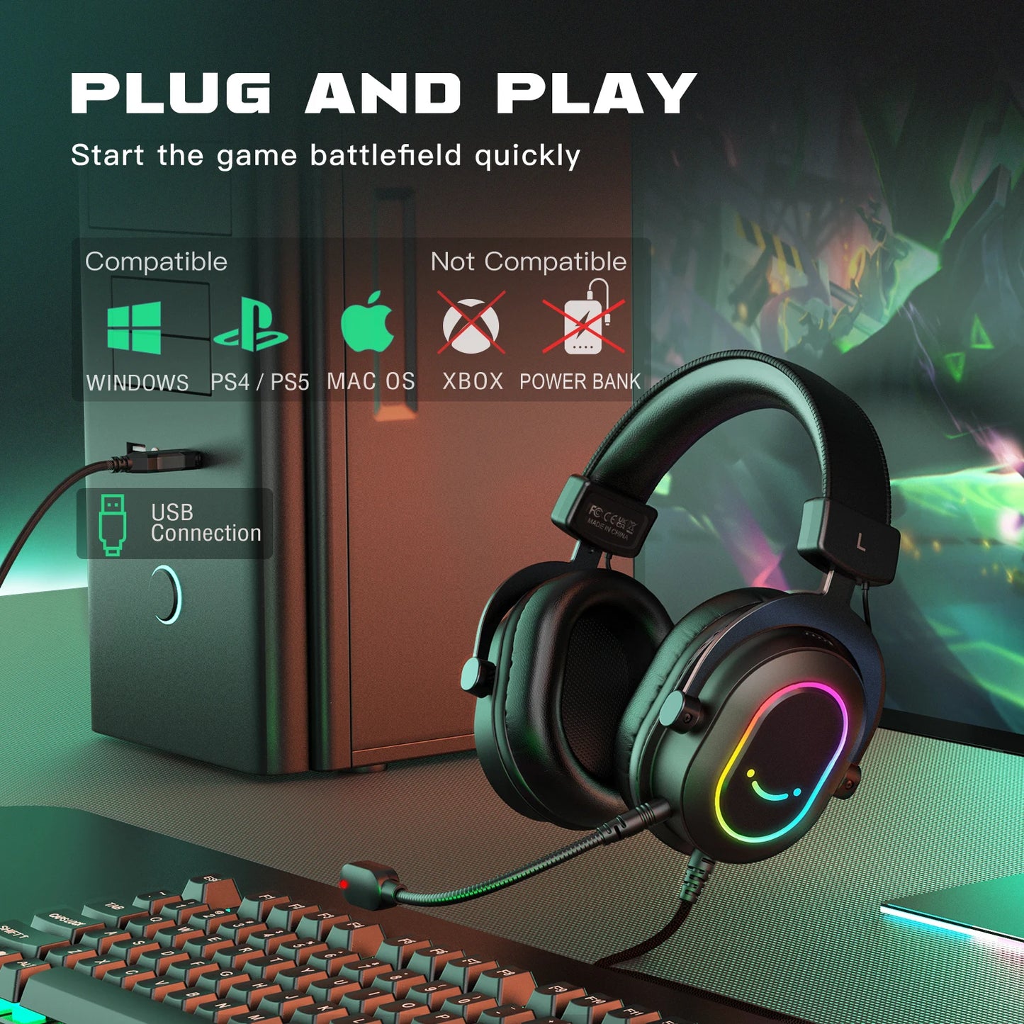 Auriculares para juegos Fifine Dynamic RGB con micrófono, supraaurales, sonido envolvente 7.1 para PC, PS4 y PS5, 3 opciones de ecualización, para juegos, películas y música.