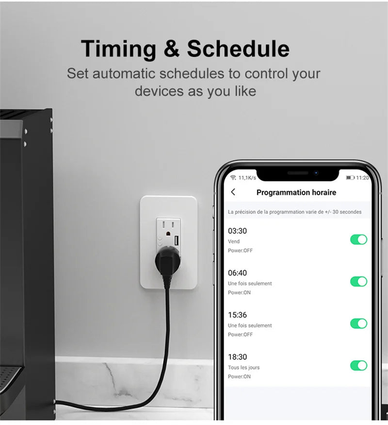Enchufe inteligente Milfra Wifi de doble pared con toma de corriente estadounidense, puerto de carga USB, encendido/apagado, control remoto por voz mediante la aplicación Tuya Smart Life.