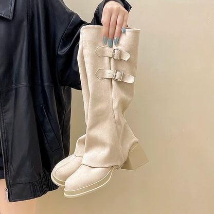 Botas vintage para mujer, con hebilla de cinturón extraíble, para otoño e invierno, con tacón grueso, elegantes y largas.