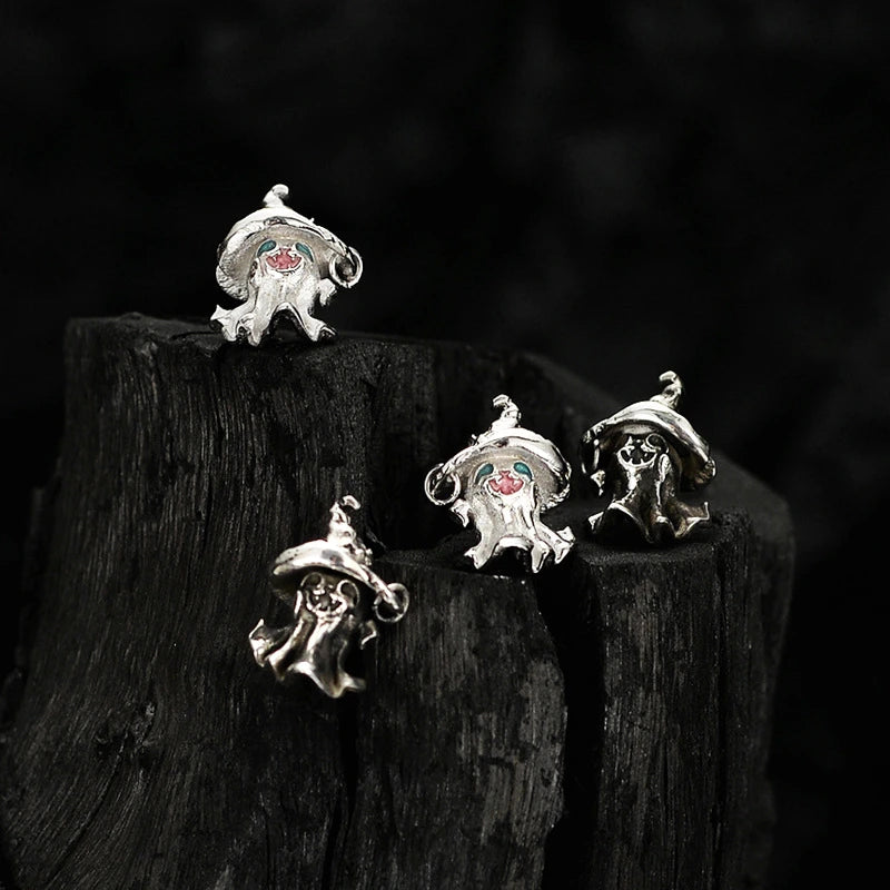 Pendientes de plata de ley 925 con forma de sombrero mágico y fantasma para mujeres y niñas, con personalidad, estética y accesorios de joyería de Halloween.