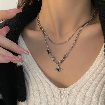 Collar de doble capa con estrella de circón estilo hip hop para hombres y mujeres, cadena colgante de acero de titanio con dije de tendencia, joyería unisex al por mayor