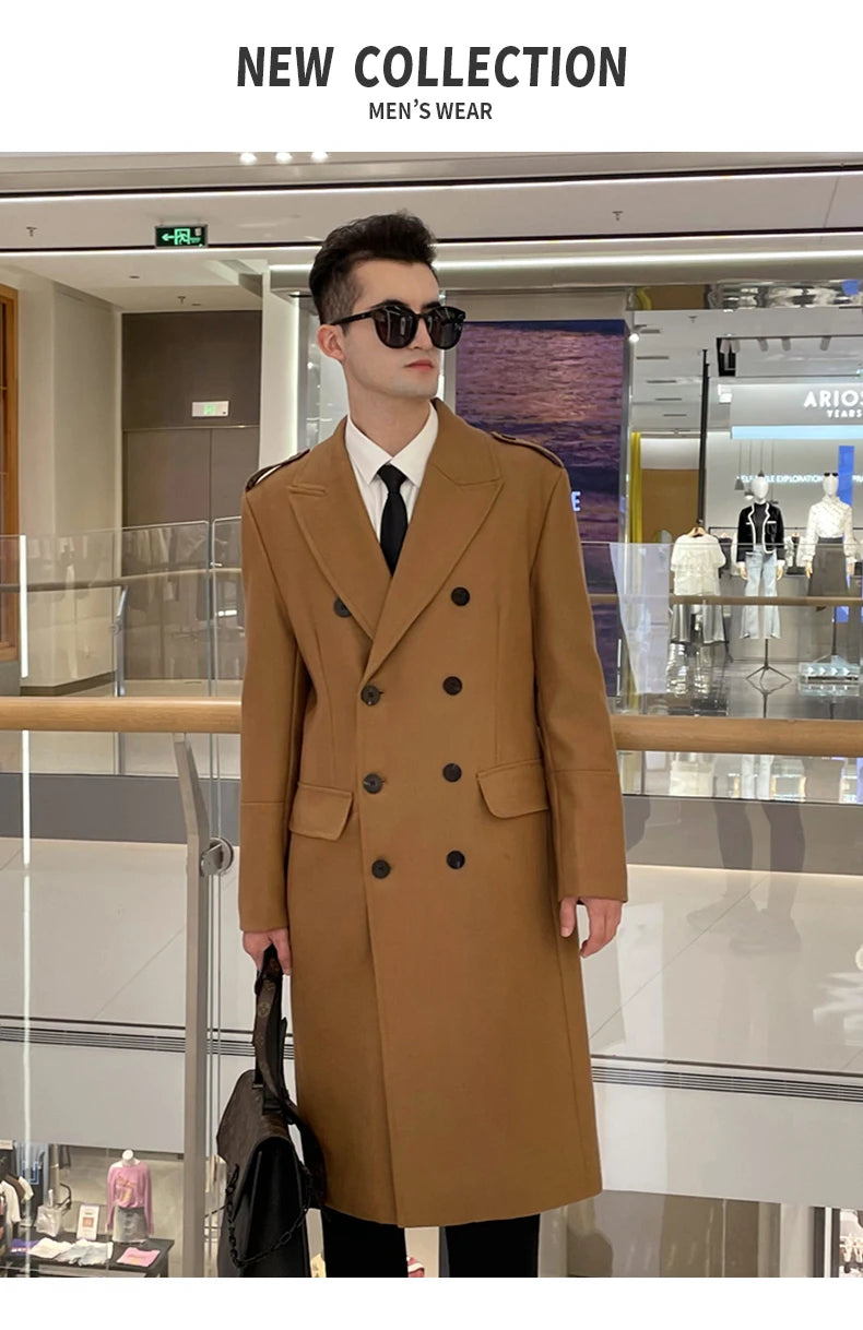 Worsted pure wool coat for men super long, knee length double breasted thickened and warm classic business wool coat for men