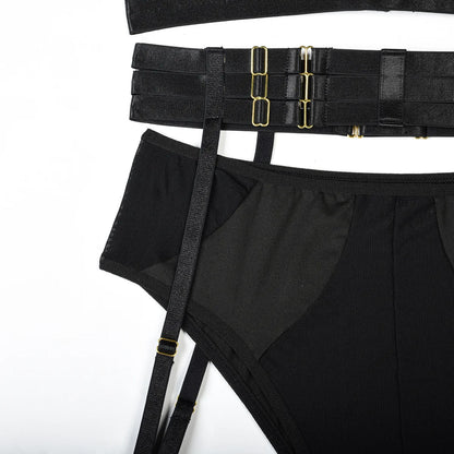 Conjunto de lencería sexy para mujer, con panel de encaje, escote en V profundo, glúteos abiertos, tirantes con forma de corazón de melocotón, cadena cruzada, liguero, ropa interior de tres piezas