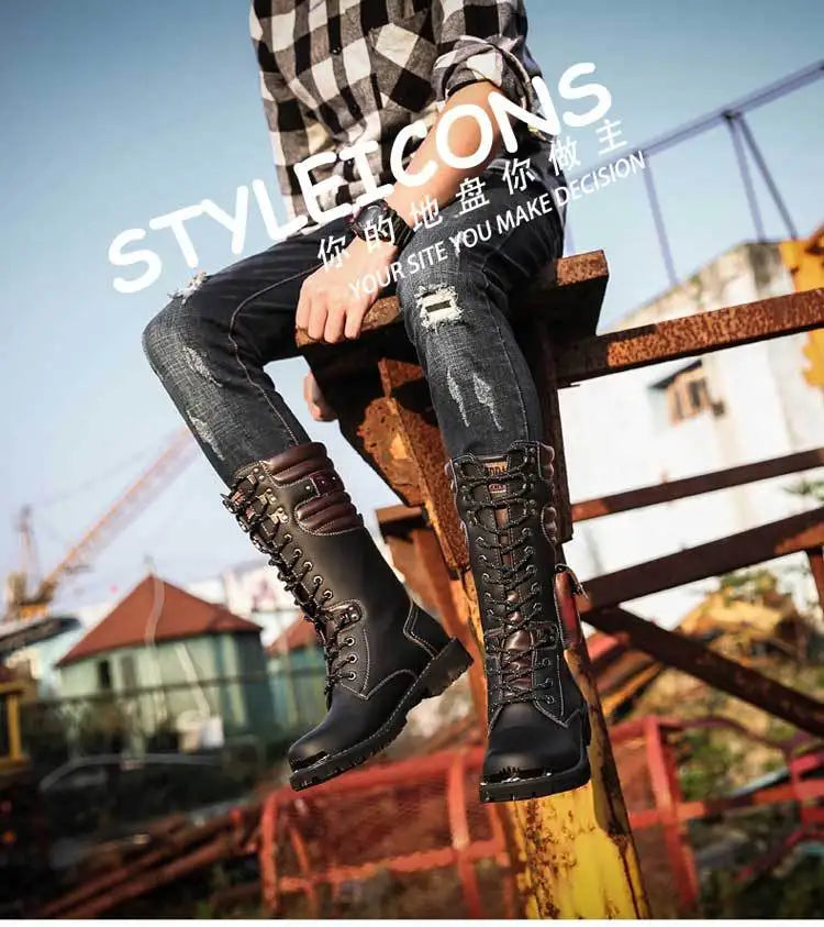 Botas altas de cuero para hombre, estilo motero, de invierno, estilo gótico punk, para hombre, estilo militar informal, para uso exterior.