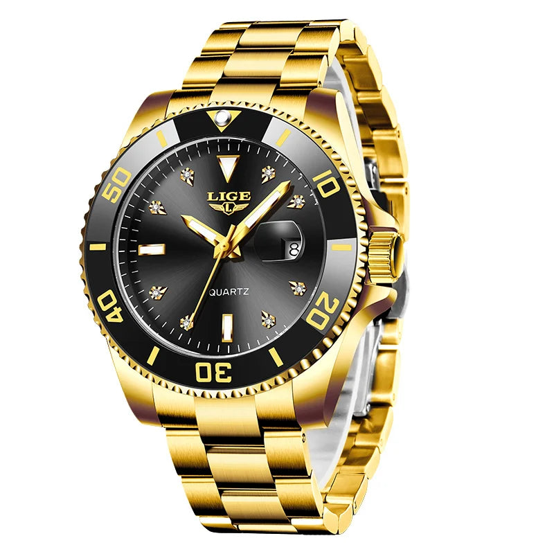Relojes de moda LIGE para hombre, de lujo, luminosos, con calendario, para negocios, resistentes al agua, cronógrafo, de acero inoxidable, de cuarzo.