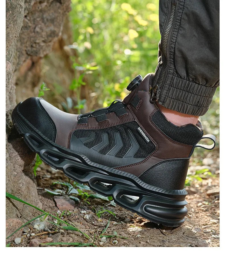Zapatos de seguridad para hombre, de caña alta, universales para las cuatro estaciones, con hebilla giratoria antideslizante, puntera de acero, antiaplastamiento y antiperforación.