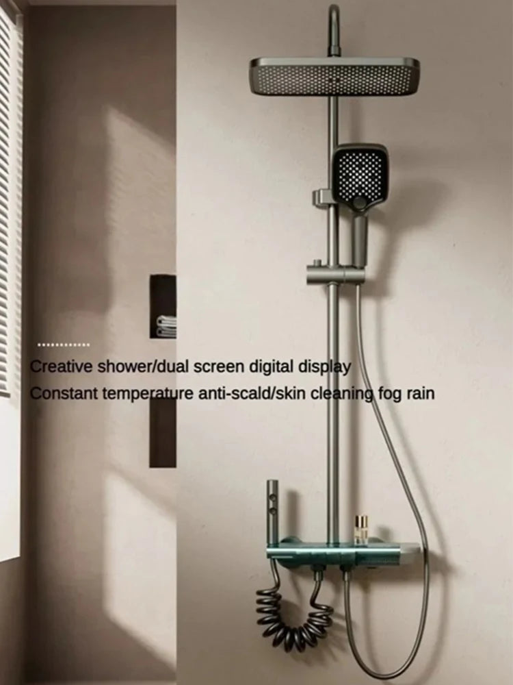 Juego de ducha gris con sistema de ducha inteligente de cuatro funciones con pantalla digital, ducha tipo lluvia a presión, grifería de pared con teclas de piano