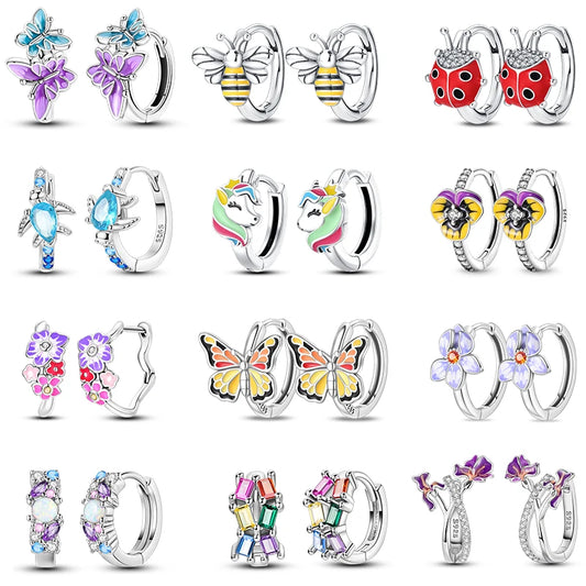 Pendientes de plata de ley 925 con diseño de mariposa, abeja, mariquita y flor de arcoíris para mujer, joyería de moda para fiestas de cumpleaños, regalos