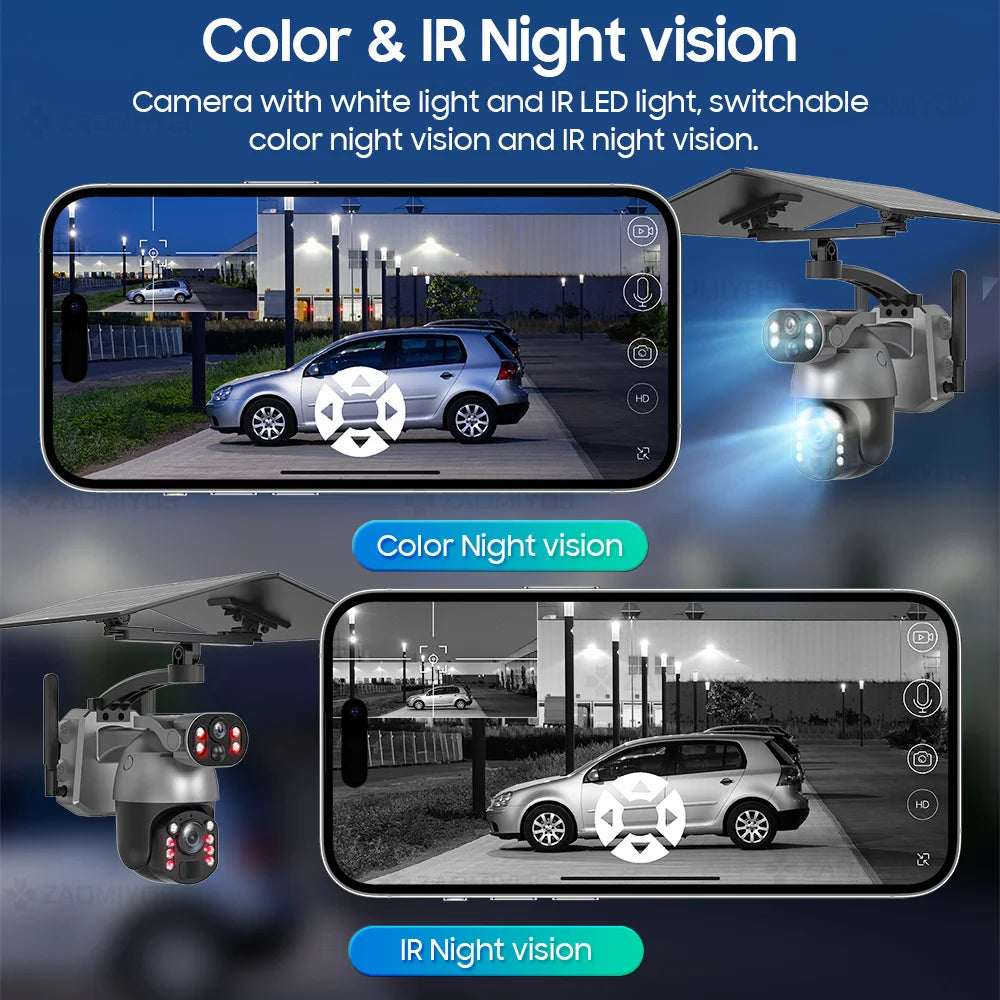 Cámara de seguridad exterior con zoom óptico de 10 MP y 50x, doble lente, SIM 4G, energía solar, Wi-Fi, PTZ, detección humana, grabación y visión nocturna. 10 MP, zoom óptico de 50x, doble lente, 4G, SIM, solar.