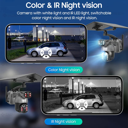 Cámara de seguridad exterior con zoom óptico de 10 MP y 50x, doble lente, SIM 4G, energía solar, Wi-Fi, PTZ, detección humana, grabación y visión nocturna. 10 MP, zoom óptico de 50x, doble lente, 4G, SIM, solar.
