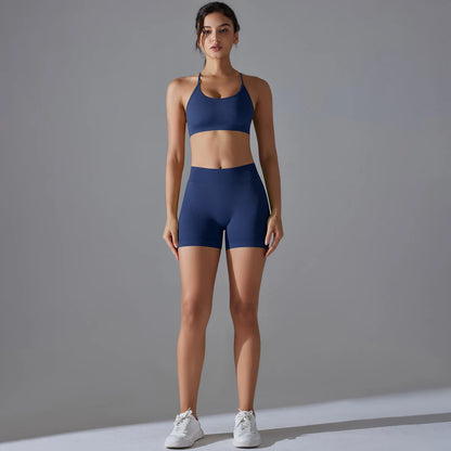 Conjunto deportivo de yoga, mallas de gimnasio de secado rápido, tirantes cruzados con absorción de impactos, pantalones cortos de ciclismo para mujer, entrenamiento de yoga.
