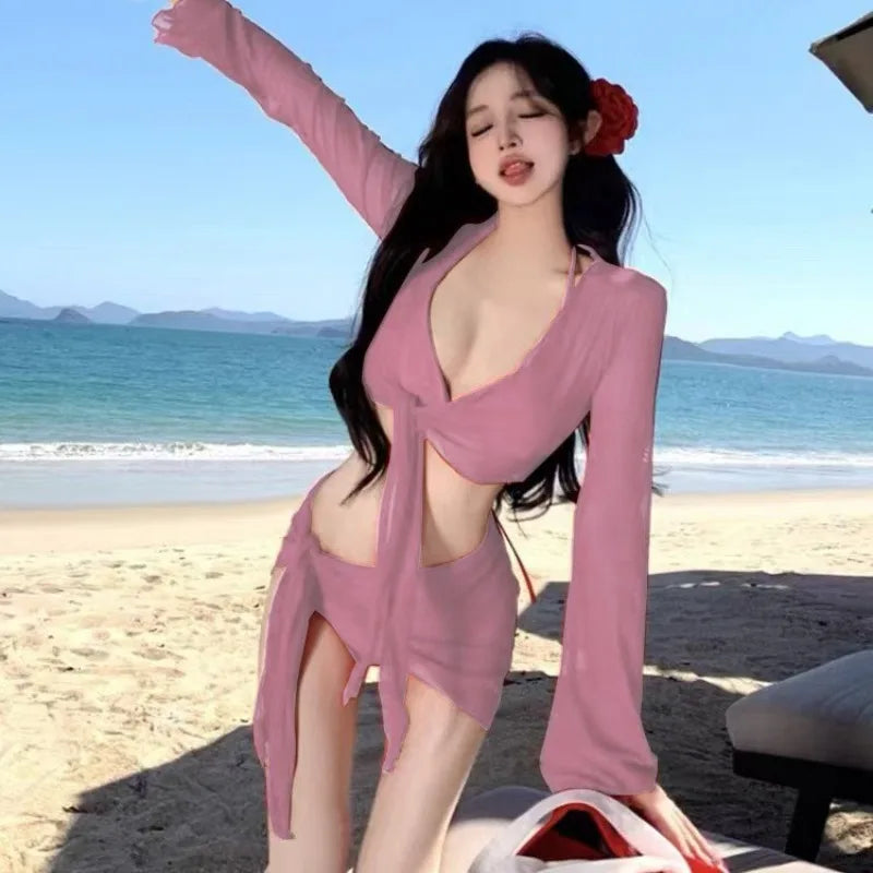 Women's Red Bali Four-Piece Bikini Set Slimming Cover-Up Swimwear Solid Flattering Two-Piece Vacation Beachwear Swimsuit