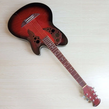Guitarra acústica de fondo redondo con pequeños defectos, tapa flameada de alto brillo, 6 cuerdas, 38"