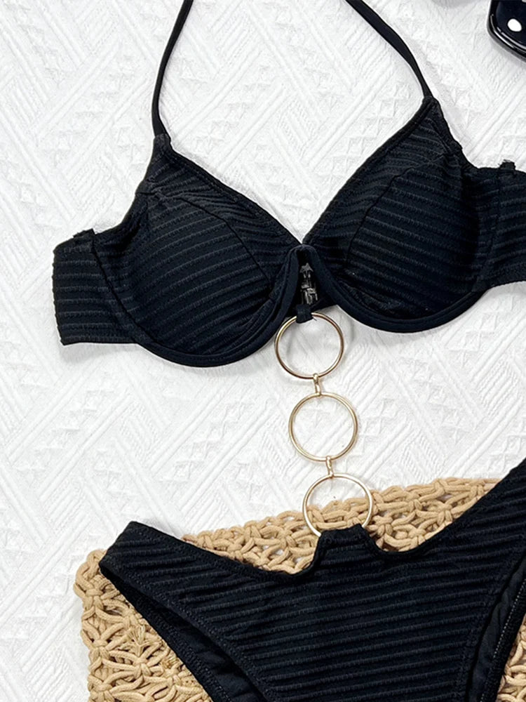 Vigoashely 2025 Women Sexy Black Hollow Swimwear Tied Halter Push UP One Piece Swimsuit Monokini Lady Push UP Beach Bathing Suit