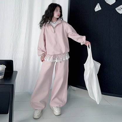 Conjunto de ropa infantil de primavera y otoño para niñas, sudadera de manga larga y pantalones de dos piezas, ropa deportiva informal de encaje para niños