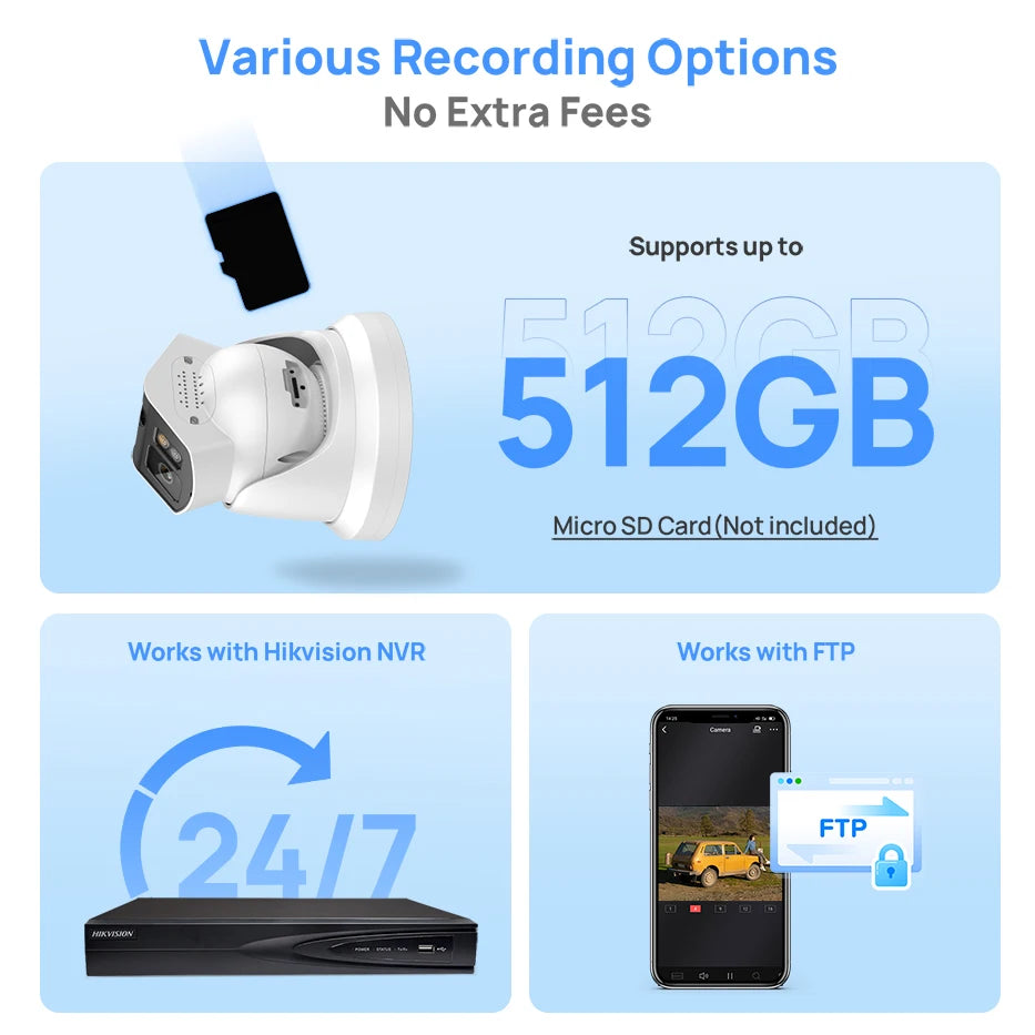 Cámara IP panorámica VIKYLIN compatible con Hikvision, 8 MP, 2 lentes, audio bidireccional, alarma MD2.0, videovigilancia exterior.